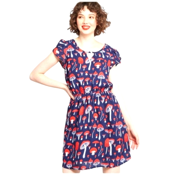 MODCLOTH SATURDAY SPLENDOR A LINE  MUSHROOM DRESS, RED BLUE AND WHITE SZ M - Picture 1 of 11
